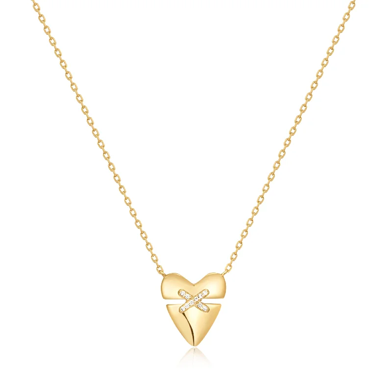 handmade gold chain necklace for special occasions-Gold Heart Kiss Pavé Necklace