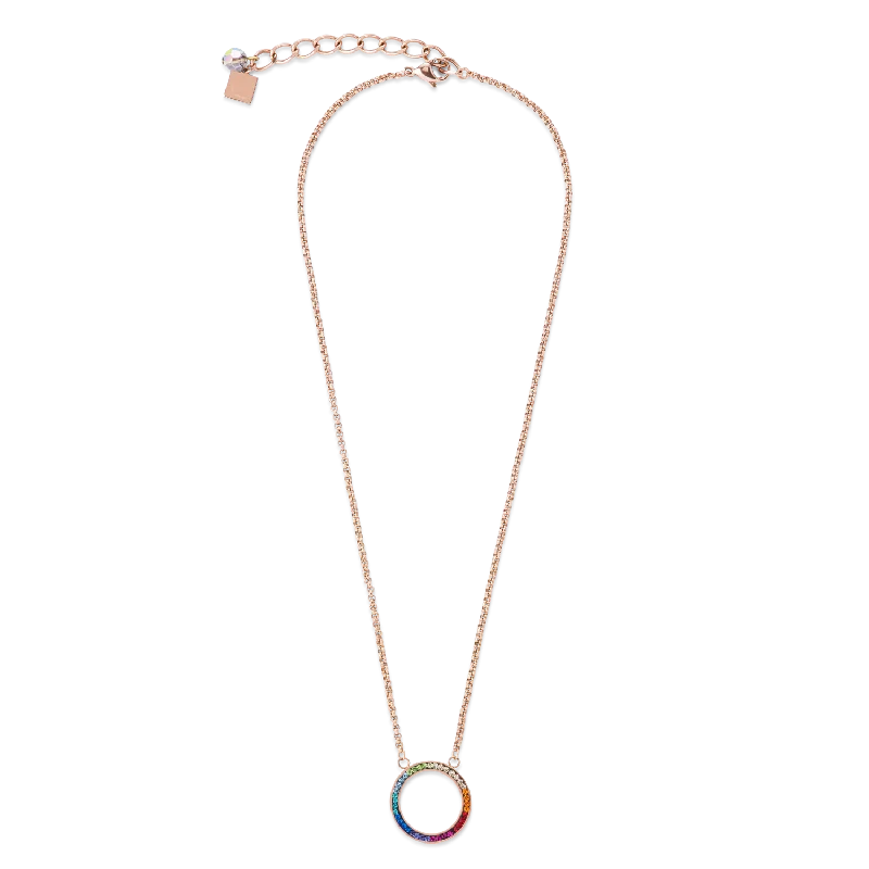 adjustable chain necklace for layering-Necklace Ring Crystals pavé & stainless steel rose gold & multicolour