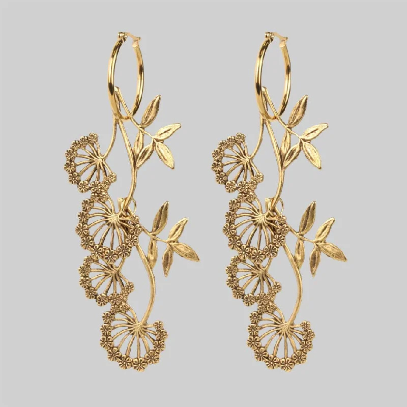 playful geometric ear cuffs for a bold look -AELLA. Floral Drop Hoop Earrings - Gold