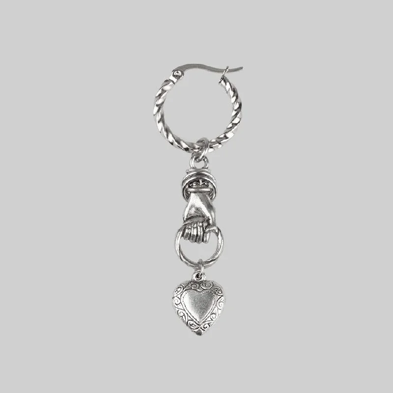 glamorous diamond hoop earrings for special events -ALL OF ME. Hand Grasping Heart Earrings - Silver