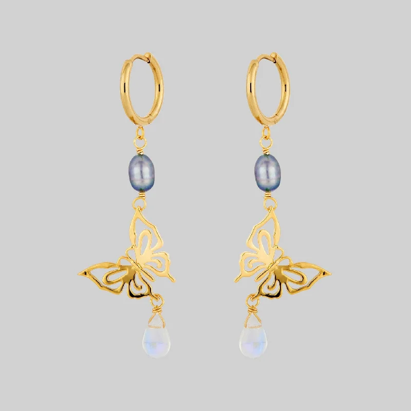 luxurious pearl stud earrings for everyday sophistication -ANTHEIA. Iridescent Butterfly Droplet Hoop Earrings - Gold