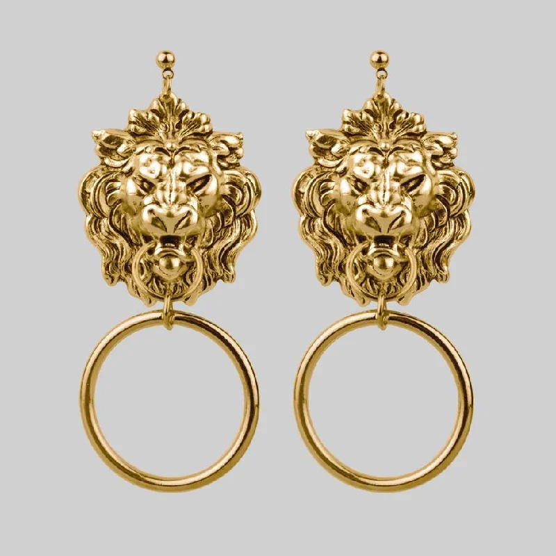 elegant gemstone drop earrings for evening style -ANWAR. Lion Knocker Earrings - Gold