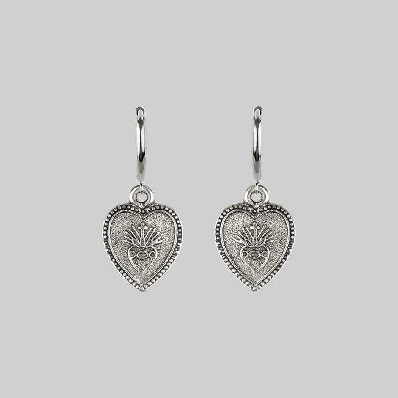 chic gold stud earrings for everyday wear -ARDOUR. Sacred Heart Hoop Earrings - Silver