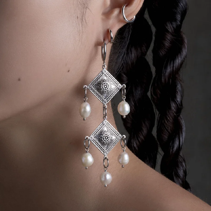 large statement earrings for a dramatic effect -BANQUET. Pearl Chandelier Hoop Earrings - Silver