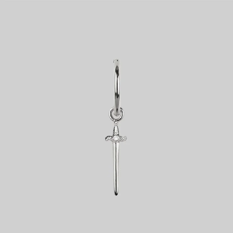 glamorous drop earrings for evening wear -BETRAYAL. Cubic Zirconia Dagger Hoop Earrings - Silver