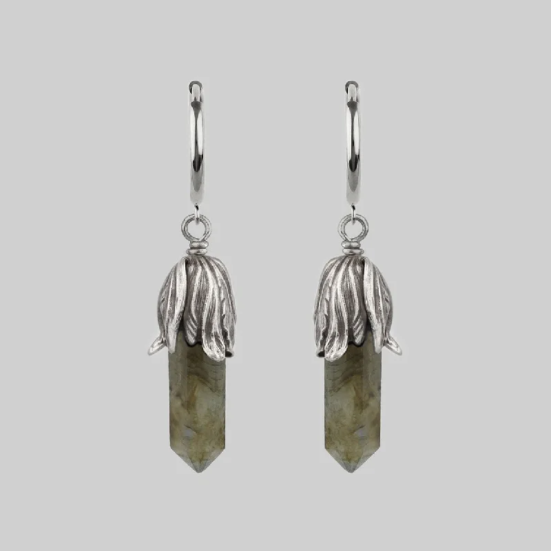 statement gemstone earrings for high-fashion looks -DEATH BLOOM. Labradorite Gemstone Hoop Earrings - Silver