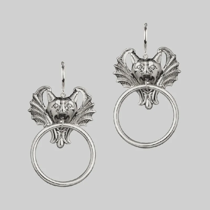 elegant resin earrings for everyday chic -DRAKKAR. Gargoyle Knocker Hoop Earrings - Silver