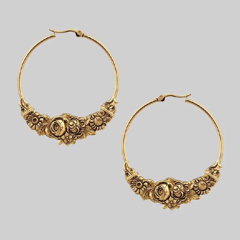 bold gold drop earrings for a chic, sophisticated look -EMINENCE. Romantic Floral Hoop Earrings - Gold