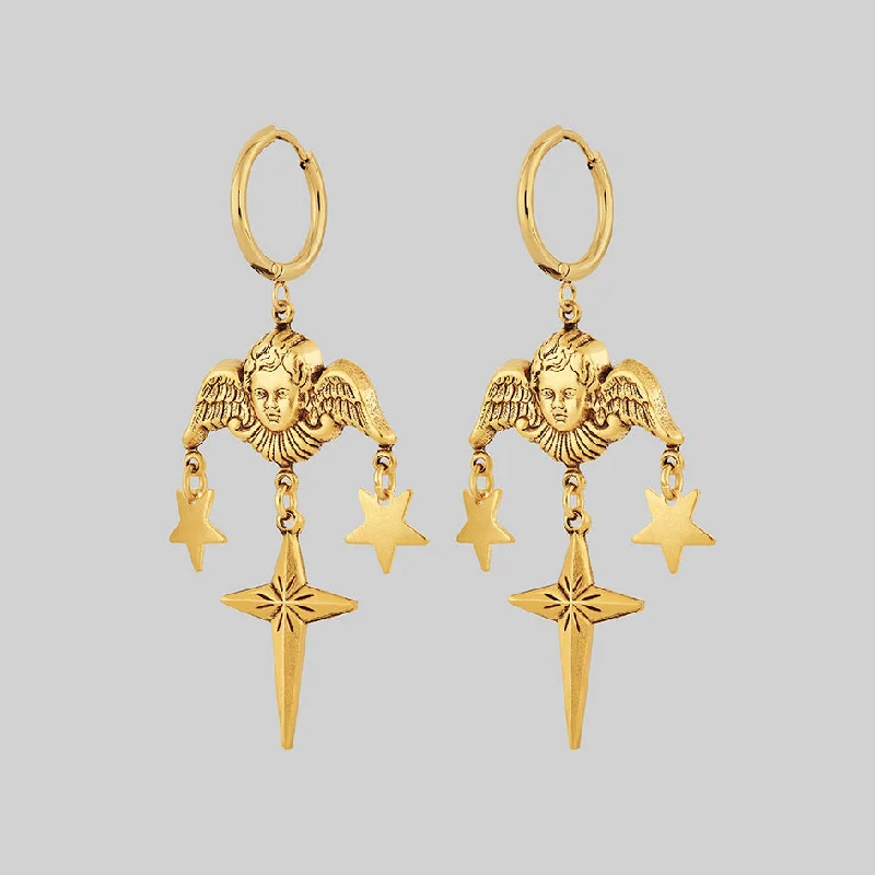 modern crystal earrings for contemporary looks -FLORENTINA. Cherub & Stars Drop Earrings - Gold