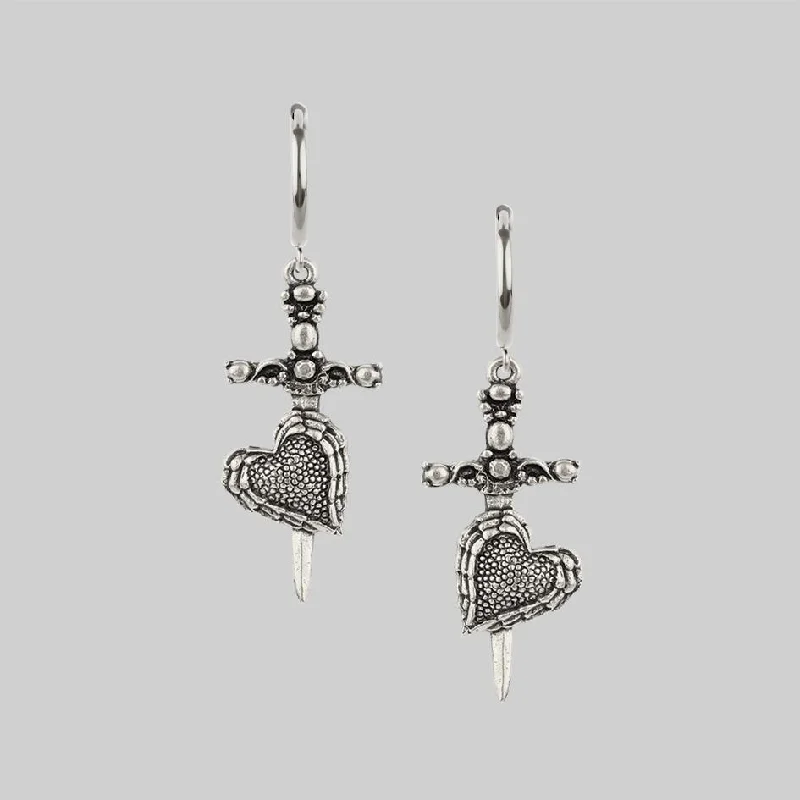 bold pearl earrings for a classic touch -FORBIDDEN. Heart Dagger Hoop Earrings - Silver