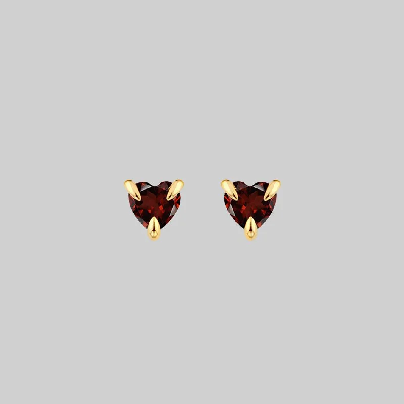 unique crystal drop earrings for standout style -HEART & SOUL. Garnet Heart Stud Earrings - Gold