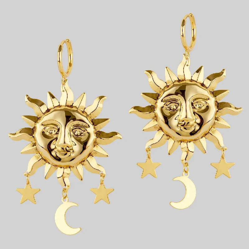 fun geometric earrings for modern flair -HELIOS. Sun & Moon Dream Catcher Hoop Earrings - Gold