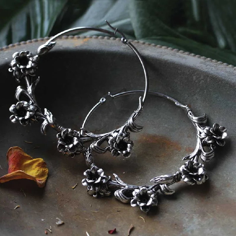 unique silver earrings for a sophisticated touch -LAVISH. Wild Rose Hoop Earrings - Silver