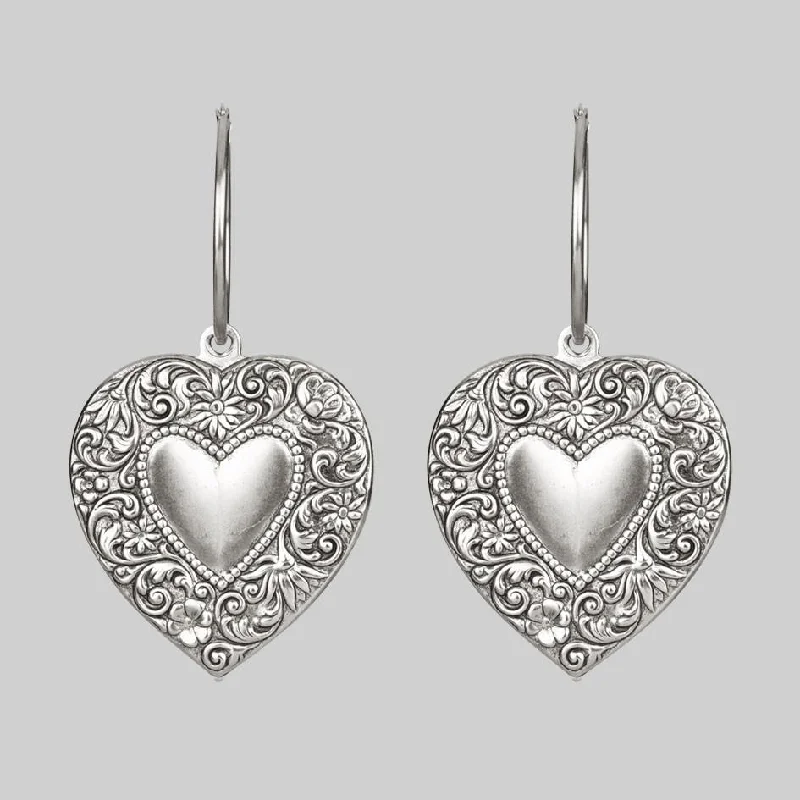 delicate silver earrings for elegant charm -LOVE STRUCK. Heart Hoop Earrings - Silver