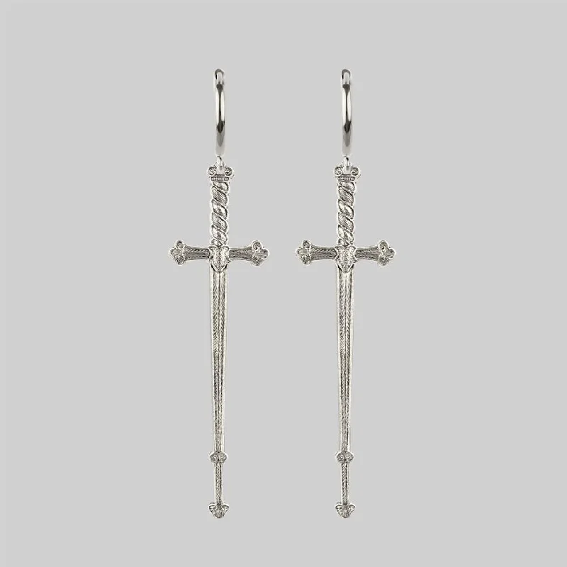 luxurious crystal earrings for high-end appeal -MERCY. Sword Hoop Earrings - Silver