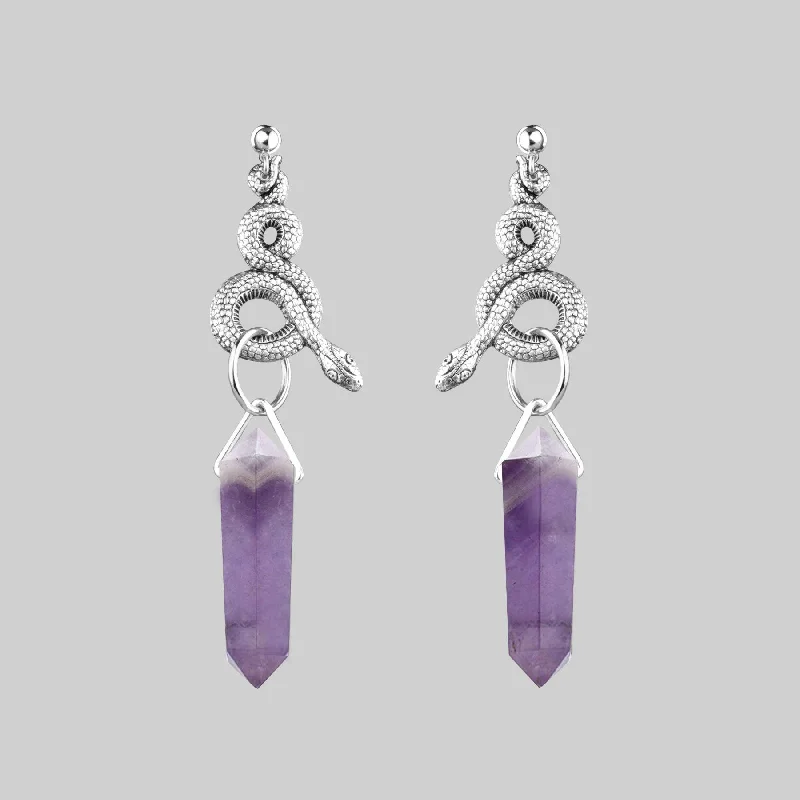 colorful resin earrings for playful style -MERTLE. Snake Wrap Amethyst Earrings