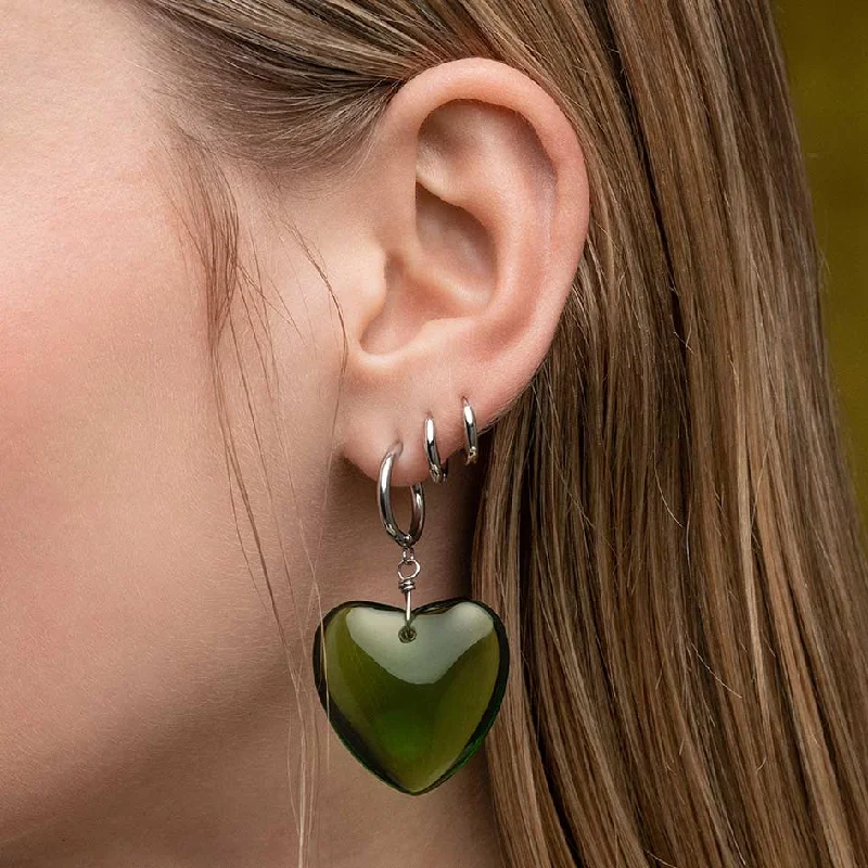 playful geometric ear cuffs for a bold look -MINNA. Large Green Glass Heart Hoop Earrings - Silver