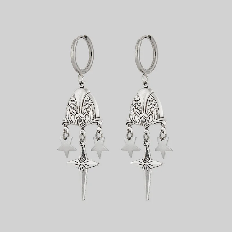 elegant silver drop earrings for a polished effect -MONA. Ornate Shield & Tiny Star Drop Earrings - Silver