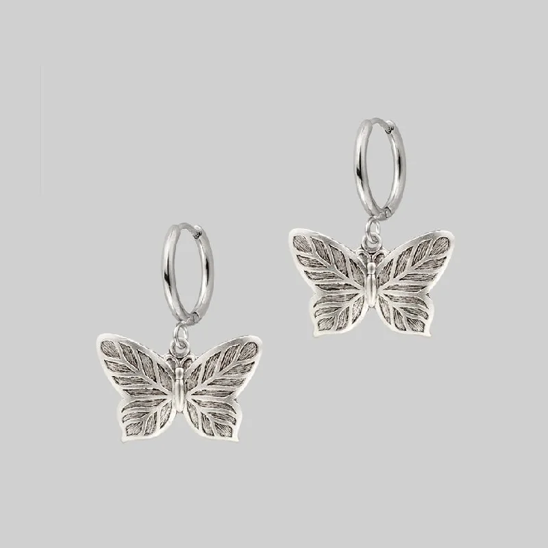 elegant gold thread earrings for a delicate finish -NEW DAWN. Butterfly Hoop Earrings - Silver