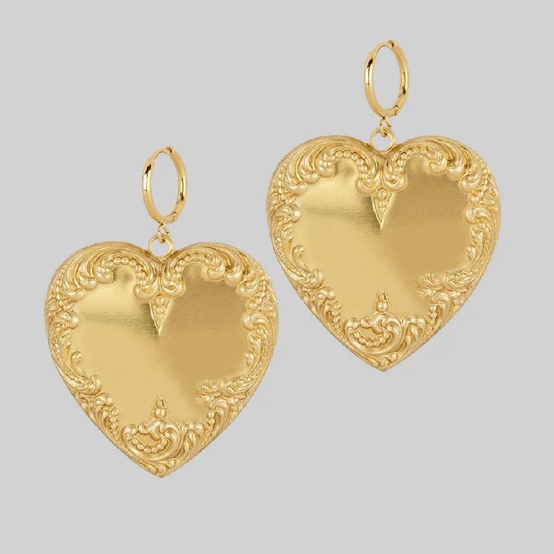 playful flower earrings for cheerful designs -PORTRAIT. Ornate Heart Hoop Earrings - Gold