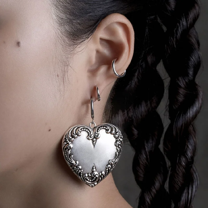 chic gold hoop earrings for everyday wear -PORTRAIT. Ornate Heart Hoop Earrings - Silver