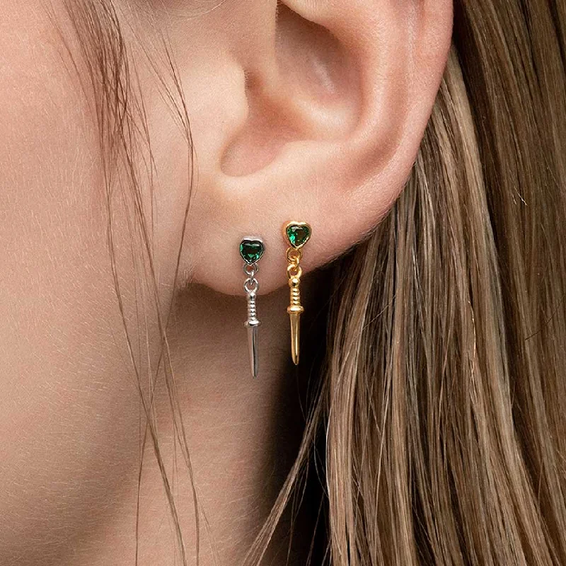 chic gold stud earrings for everyday luxury -REIGN. Green Heart & Dagger Drop Earrings - Gold