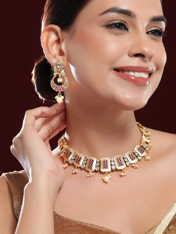 trendy rhinestone earrings for a chic look -Rubans 24K Gold-Plated Kundan -Studded & Beaded Rectangle Motif Necklace and Earrings