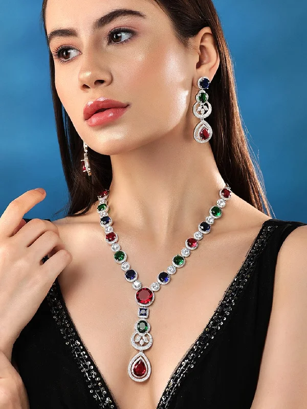 luxurious crystal earrings for a luxe look -Rubans Rhodium Plated Multicoloured Zircons Stones Necklace & Earring Set.