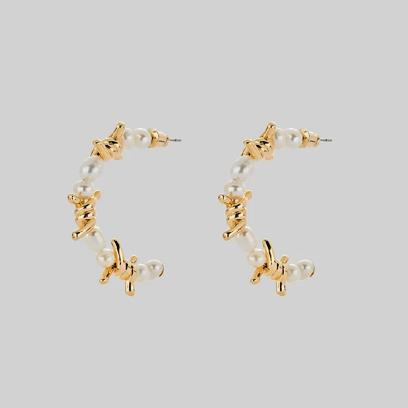 trendy ear cuffs for modern looks -RUTHLESS. Barbed Wire & Ivory Pearl Hoop Earrings - Gold