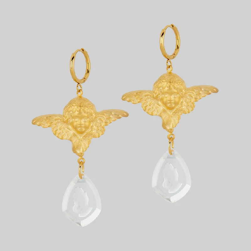 sparkling gemstone hoops for a dazzling finish -SANCTITY. Cherub & Praying Hands Glass Hoop Earrings - Gold