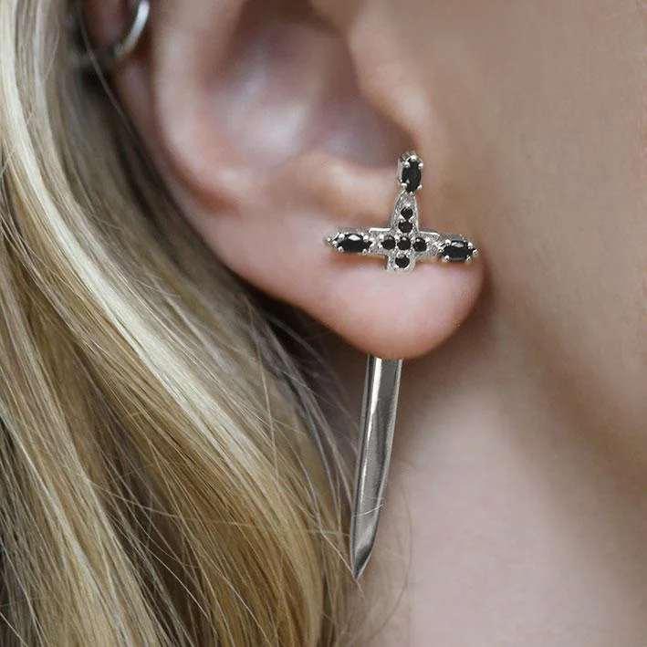 playful flower stud earrings for a charming look -SLAY. Black Spinel Silver Dagger Single Earring