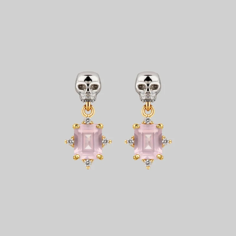 bold chain earrings for a modern touch -STAR CROSSED LOVERS. Rose Quartz & Skull Earrings - Gold