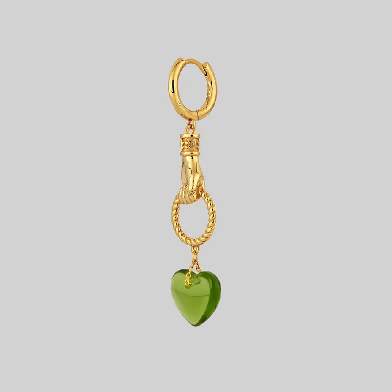 sparkling gold hoop earrings for radiant beauty -UNITE. Hand Grasping Green Glass Heart Earrings - Gold