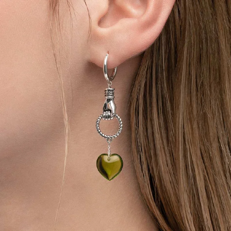 minimalist silver earrings for simple elegance -UNITE. Hand Grasping Green Glass Heart Earrings - Silver