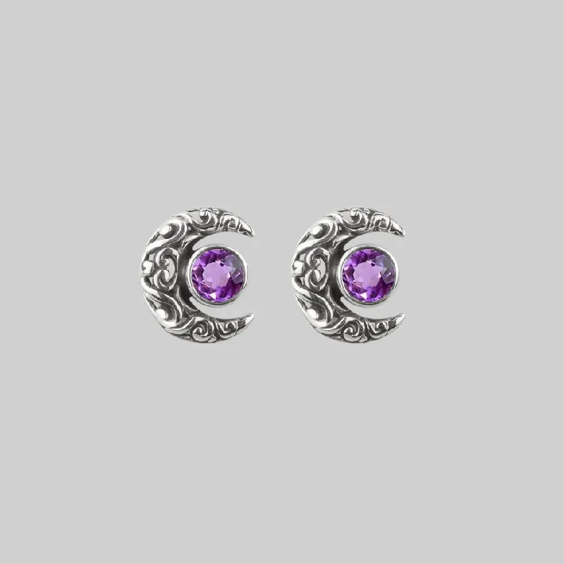 oversized gemstone earrings for bold fashion -WISDOM. Silver Moon Crescent Earrings - Amethyst