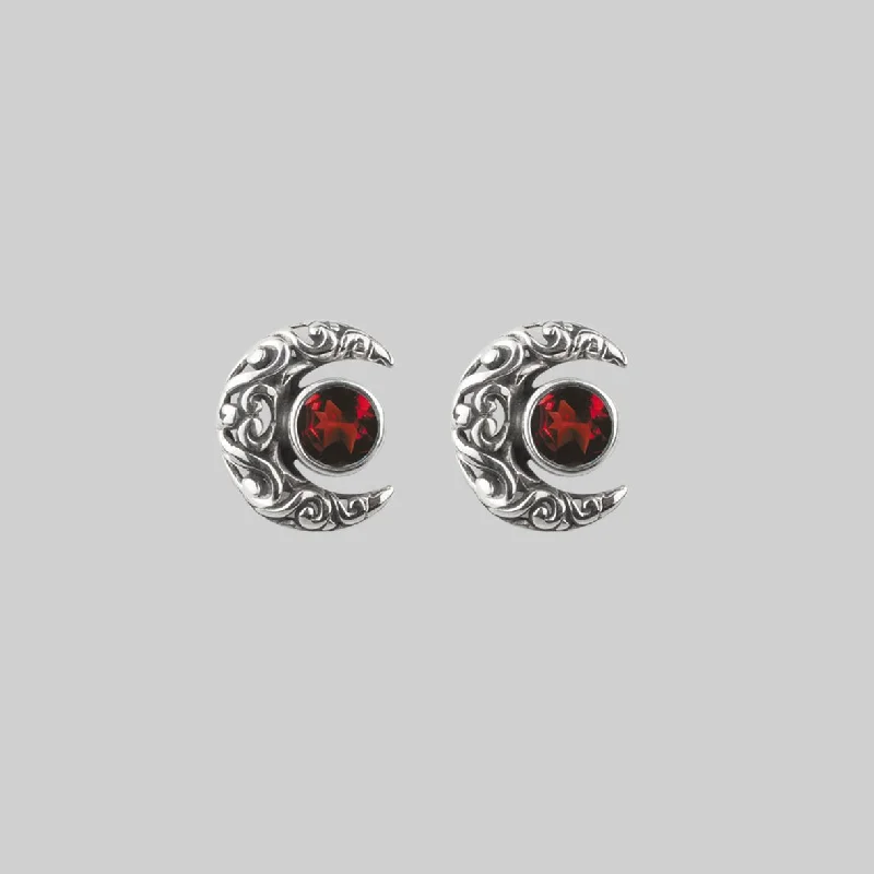 unique gold earrings for an artistic finish -WISDOM. Silver Moon Crescent Earrings - Garnet