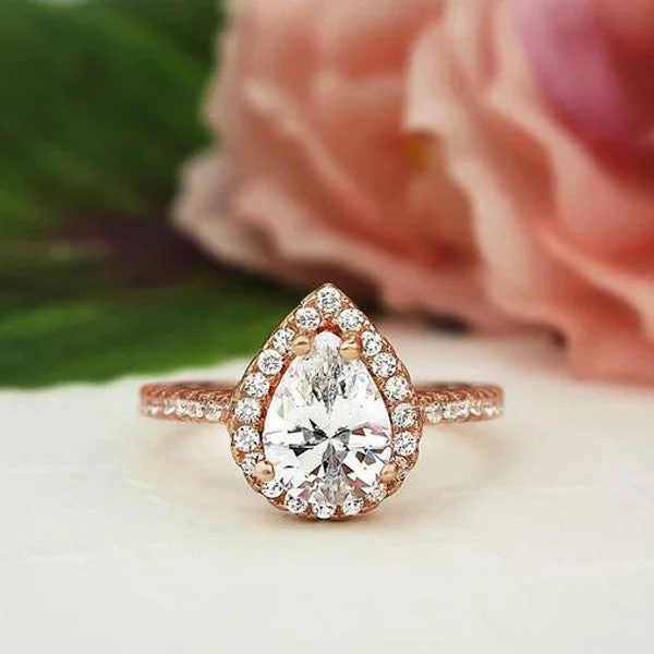 silver engagement rings for women with sapphires for weddings-1.5 ctw Pear Halo Ring - 10k Solid Rose Gold, Sz 5-6