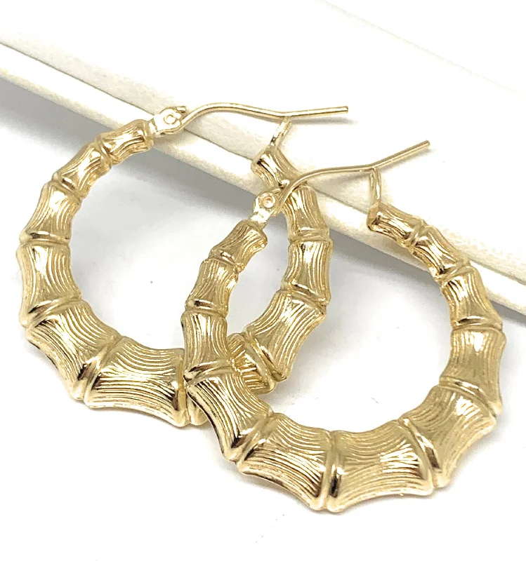 vintage-inspired earrings for timeless beauty -10k Solid Gold Yellow Bamboo Hoop Earrings 1 INCH Arracadas