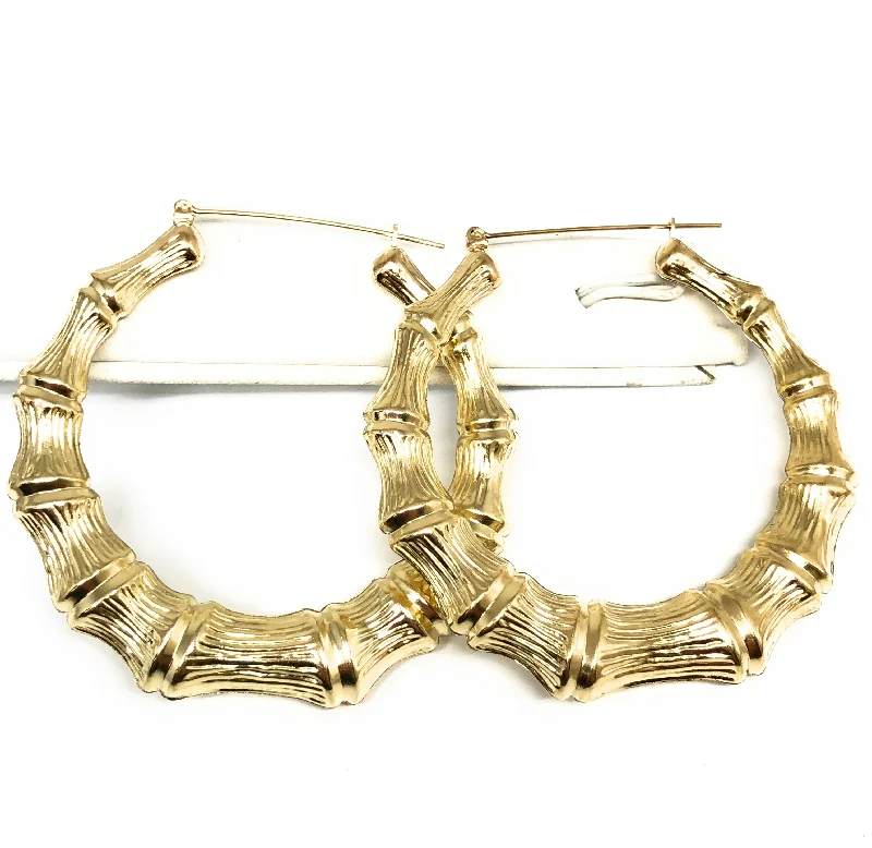 modern crystal earrings for contemporary looks -10k Solid Gold Yellow Bamboo Hoop Earrings 2.5 INCH Arracadas