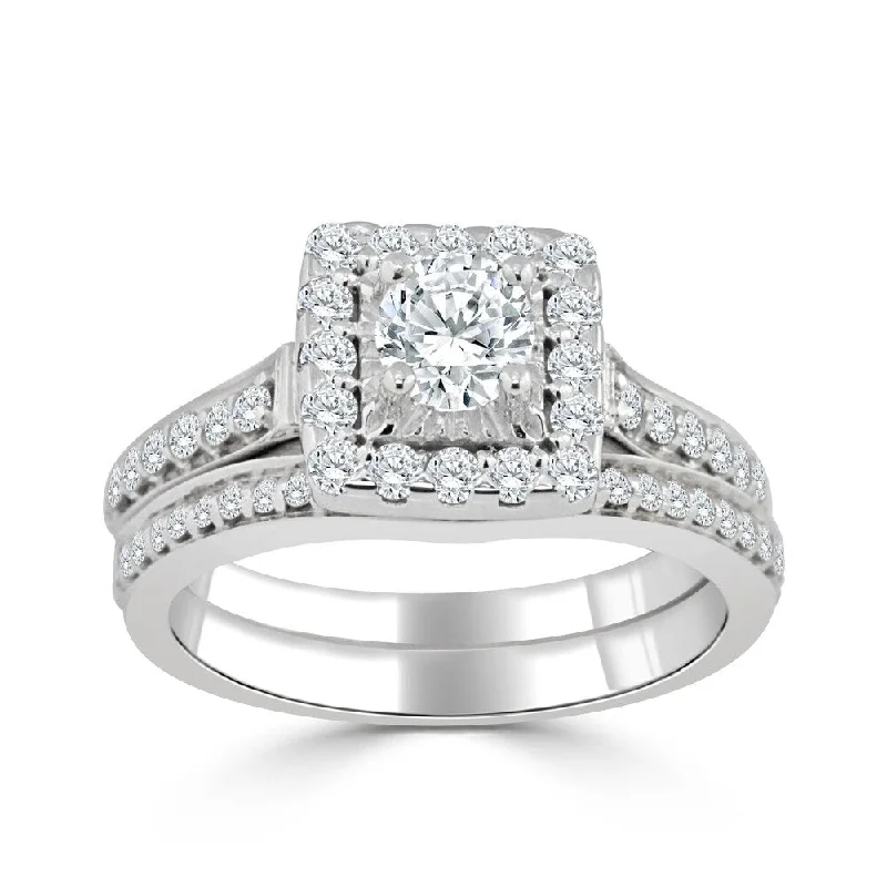 affordable engagement rings for women with emeralds-14k Gold Round 1ct TDW Diamond Halo Engagement Ring Set by Auriya