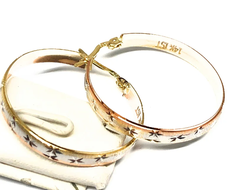 trendy ear cuffs for modern looks -14k Solid Gold Tri-Color Hoop Earrings (1 INCH HOOP)