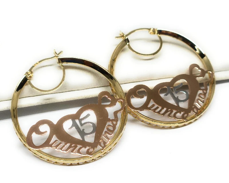 large resin earrings for a modern statement -14k Solid Gold Tri-Color QUINCE AÑOS HEART CZ Hoop Earrings