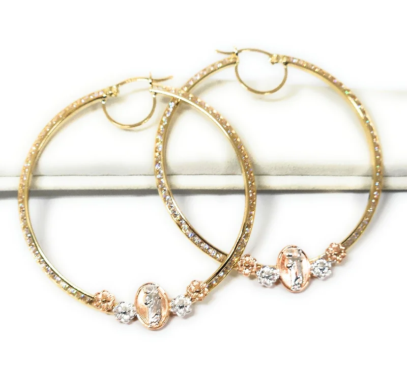 elegant gemstone hoop earrings for refined beauty -14k Solid Gold Tri-Color SAAN JUDAS FLOWER CZ Hoop Earrings