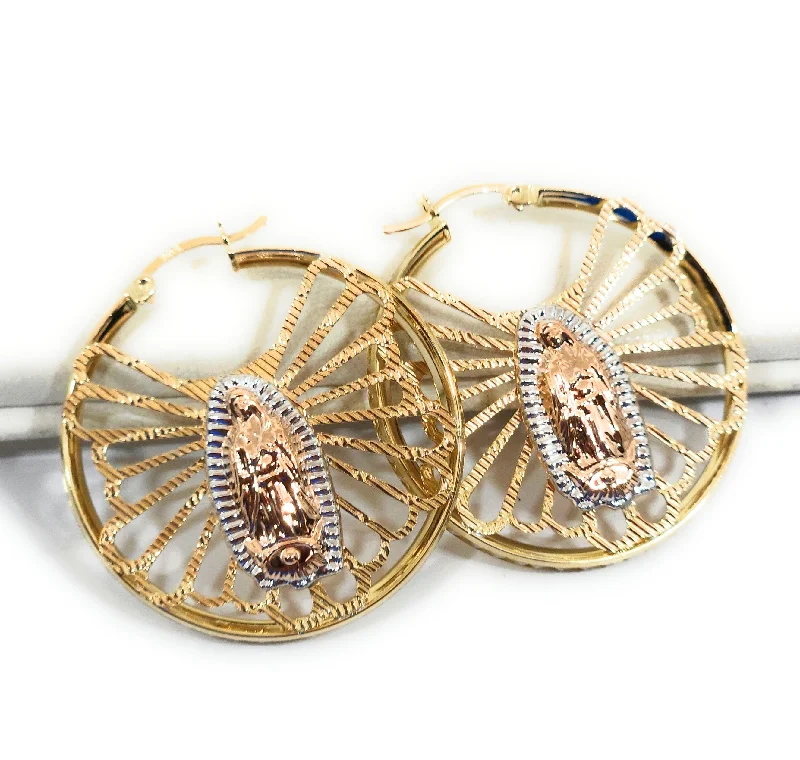 bold gold earrings for a polished finish -14k Solid Gold Tri-Color Virrgin Mary CZ Hoop Earrings