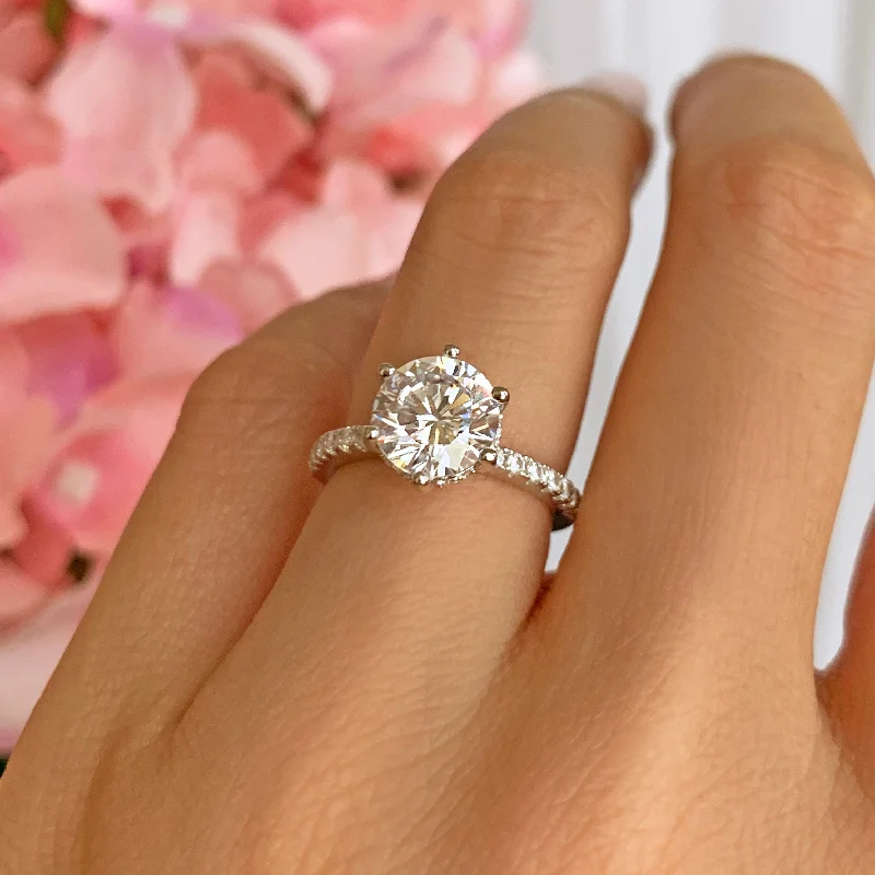 affordable custom rings for women with diamonds-2.25 ctw 6 Prong Round Accented Solitaire Ring - 10k Solid White Gold