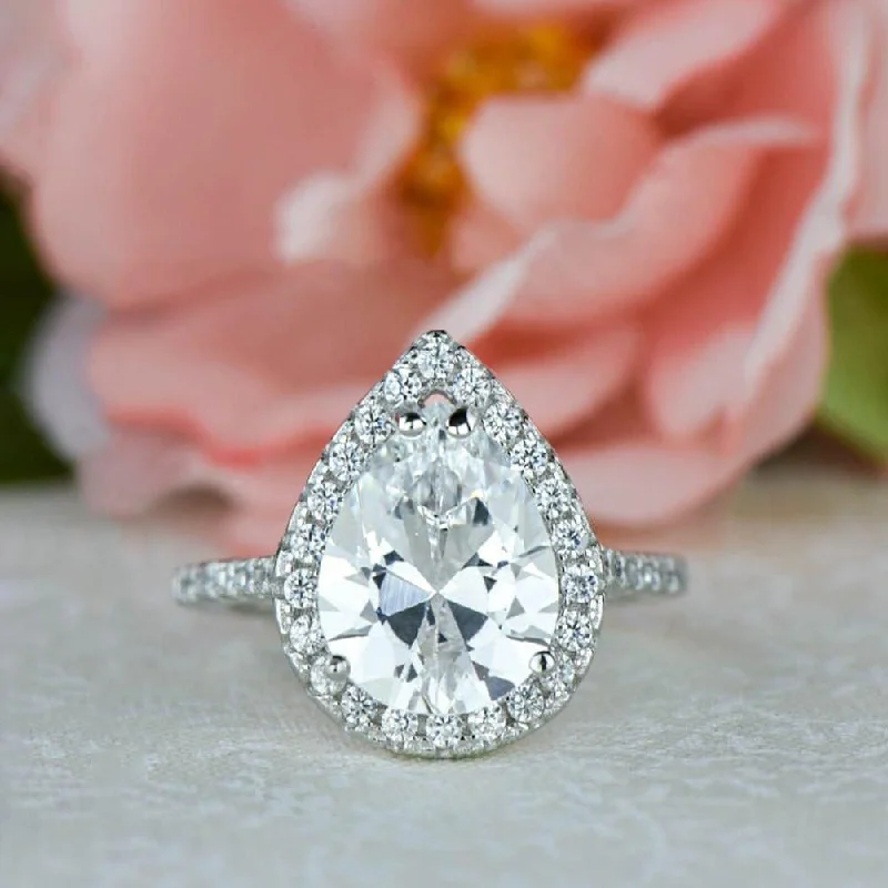 engagement rings with diamonds for women with emeralds-3.5 ctw Pear Halo Ring - 40% Final Sale