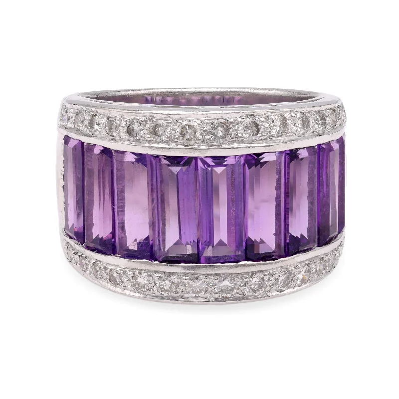 wedding rings with diamonds and emeralds for women-Amethyst Diamond Platinum Band