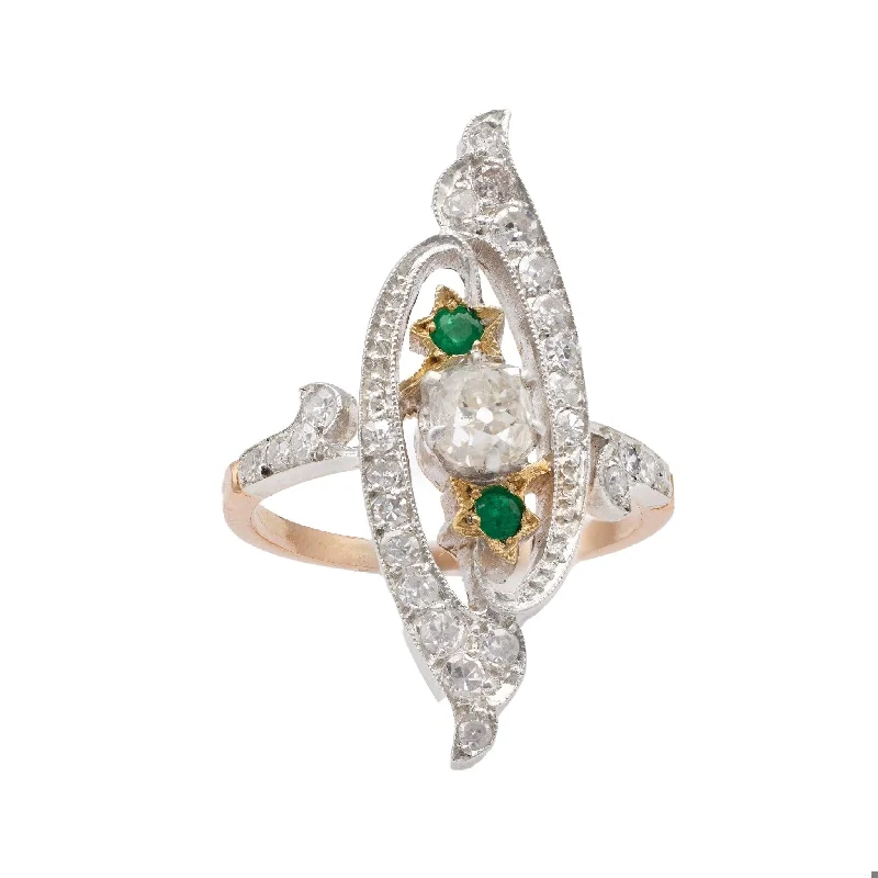 wedding rings for men with emerald stones-Antique Diamond and Emerald 18k Rose Gold Silver Navette Ring