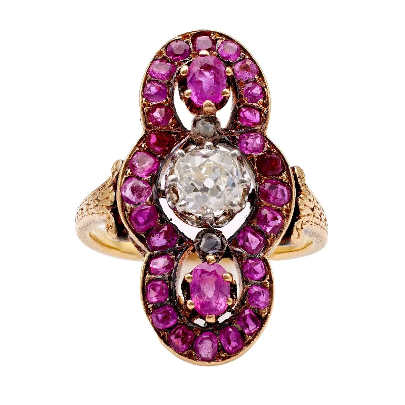 vintage wedding rings with diamonds and emeralds-Antique French Diamond and Ruby 18k Yellow Gold Ring