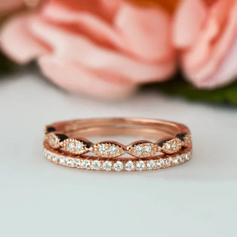 gold rings with sapphires for men’s weddings-Art Deco Half Eternity Band Set - 10k Solid Rose Gold